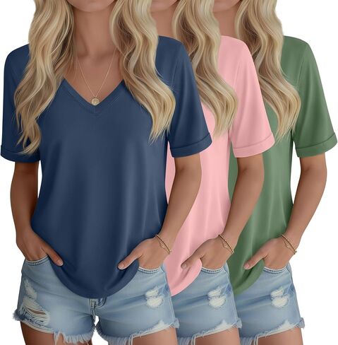 3 Pack Women's V Neck Half Sleeve Shirts Loose Fit Casual Elbow Length Tops Plain Basic Trendy Rolled Summer Tees in Saudi Arabia