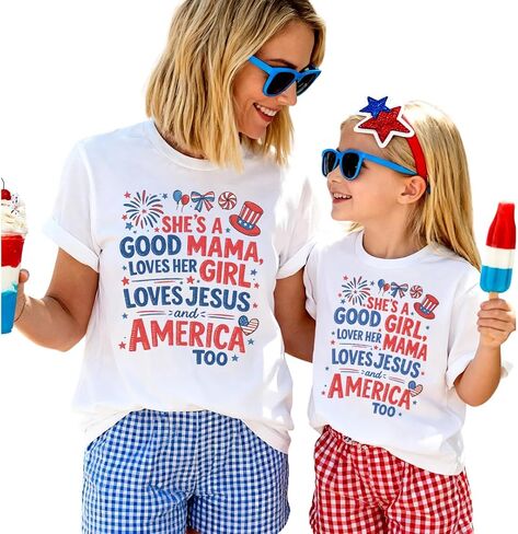 قمصان وطنية متطابقة من Good Mama، قمصان لطيفة للأم وأنا في الرابع من يوليو، ملابس لقضاء العطلات العائلية، تي شيرت للأم والبنت، متعددة الألوان in Kuwait