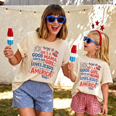 قمصان وطنية متطابقة من Good Mama، قمصان لطيفة للأم وأنا في الرابع من يوليو، ملابس لقضاء العطلات العائلية، تي شيرت للأم والبنت، متعددة الألوان in Kuwait