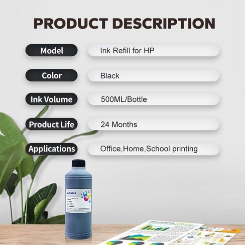 Aomya Compatible HP Black Ink Refill Kit 500ml Dye Bulk Ink for HP Inkjet Printers Refillable Cartridge CISS CIS System (16.9 oz) with Syringe&Glove in Kuwait