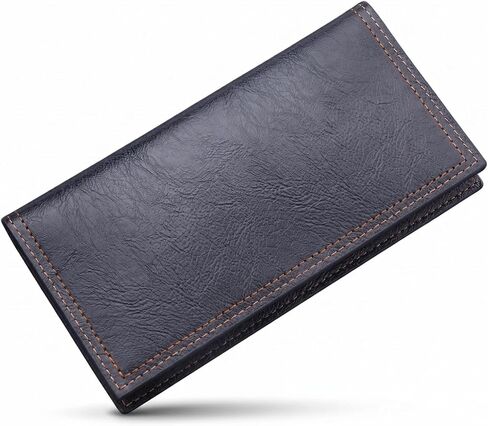 Men's Long Bifold Wallet Slim - Premium Vegan PU Leather Breast Pocket Checkbook Organizer - Ultra Lightweight Vintage Oil Wax Style Card Holder for Business & Daily Use (Black) in Kuwait