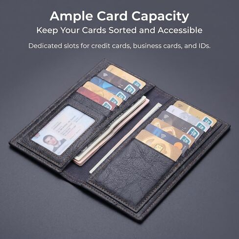 Men's Long Bifold Wallet Slim - Premium Vegan PU Leather Breast Pocket Checkbook Organizer - Ultra Lightweight Vintage Oil Wax Style Card Holder for Business & Daily Use (Black) in Kuwait