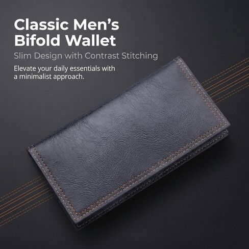 Men's Long Bifold Wallet Slim - Premium Vegan PU Leather Breast Pocket Checkbook Organizer - Ultra Lightweight Vintage Oil Wax Style Card Holder for Business & Daily Use (Black) in Kuwait