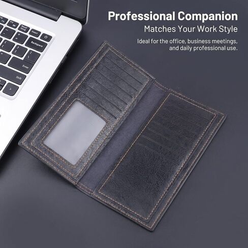 Men's Long Bifold Wallet Slim - Premium Vegan PU Leather Breast Pocket Checkbook Organizer - Ultra Lightweight Vintage Oil Wax Style Card Holder for Business & Daily Use (Black) in Kuwait