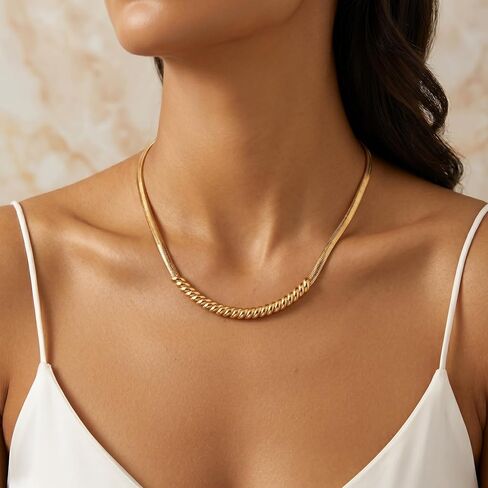 14K Gold Plated Herringbone Necklace for Women, Bold Flat Snake Chain Necklace, Chunky Gold Choker, Jewelry for Gifts in Kuwait