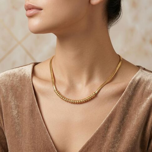 14K Gold Plated Herringbone Necklace for Women, Bold Flat Snake Chain Necklace, Chunky Gold Choker, Jewelry for Gifts in Kuwait