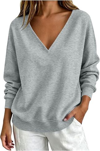 سويت شيرت نسائي برقبة على شكل حرف V، بلوفر كاجوال بكتف منسدل، بلوفر فضفاض، مناسب للموضة، سويت شيرت من النوع الثقيل in Kuwait