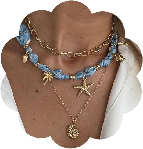 Boho Layered Necklace for Women Stacked Crystal Chain Necklace Beaded Pendant Boho Necklace Trendy Dainty Jewelry in Saudi Arabia