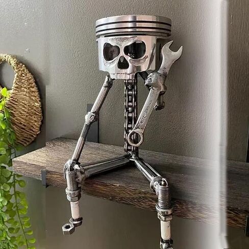 Carving Piston Face Sculpture Metal Art Figurine,Carved Skeleton face Sculpture Ornaments,Handmade Man Head Statue Office Home Table Desk Decor, SliverCarving Piston Sculpture in Saudi Arabia