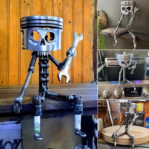 Carving Piston Face Sculpture Metal Art Figurine,Carved Skeleton face Sculpture Ornaments,Handmade Man Head Statue Office Home Table Desk Decor, SliverCarving Piston Sculpture in Saudi Arabia
