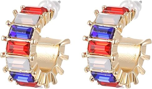 4th of July C Hoop Earrings for Women, Red White Blue Cubic Zirconia Huggie Earrings with 925 Sterling Silver Posts, Hypoallergenic Patriotic Jewelry Gift for Independence Day in Saudi Arabia
