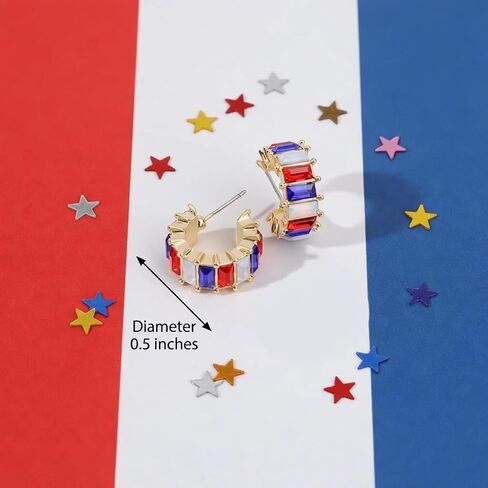 4th of July C Hoop Earrings for Women, Red White Blue Cubic Zirconia Huggie Earrings with 925 Sterling Silver Posts, Hypoallergenic Patriotic Jewelry Gift for Independence Day in Saudi Arabia