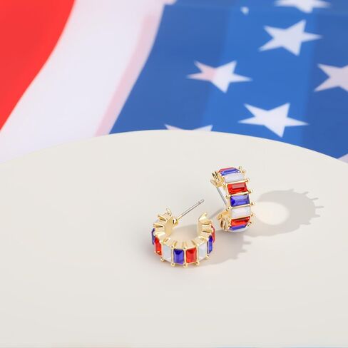 4th of July C Hoop Earrings for Women, Red White Blue Cubic Zirconia Huggie Earrings with 925 Sterling Silver Posts, Hypoallergenic Patriotic Jewelry Gift for Independence Day in Saudi Arabia