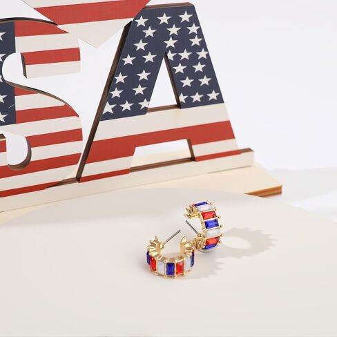 4th of July C Hoop Earrings for Women, Red White Blue Cubic Zirconia Huggie Earrings with 925 Sterling Silver Posts, Hypoallergenic Patriotic Jewelry Gift for Independence Day in Saudi Arabia
