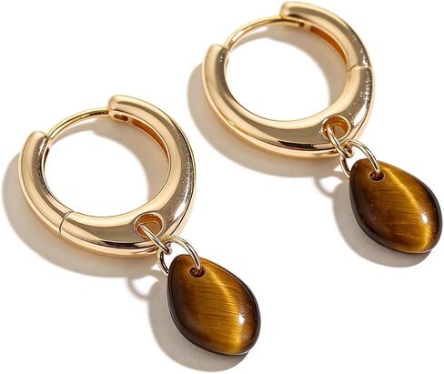 Chunky Gold Huggie Hoop Earrings with Moss Agate Tiger Eye Amber Turquoise Pearl Opal Charms Lightweight Dangle Hoops for Women in Saudi Arabia