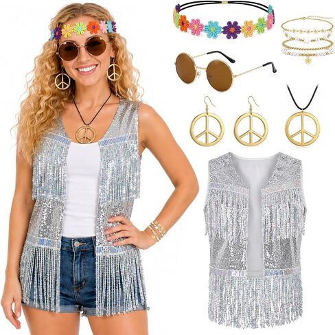 60s 70s Outfits for Women - Hippie Costume Clothes Set with Sequin Fringe Vest & Accessories for Halloween Disco Party in Saudi Arabia