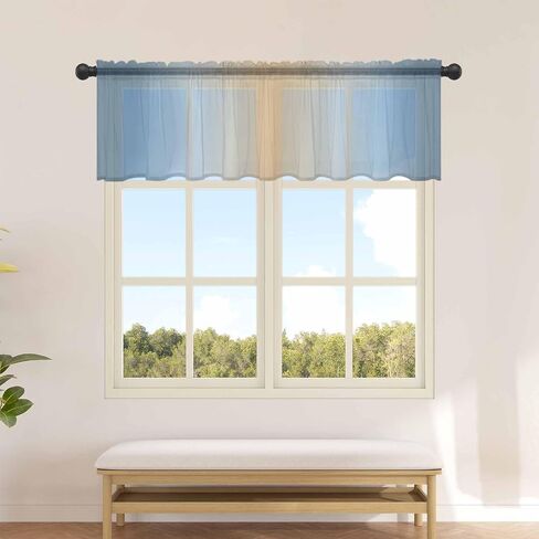 Blue Ombre Sheer Valance, 60"x18" Light Filtering Kitchen Curtain Valances, Khaki Gradient Chiffon Rod Pocket Living Room/Bedroom/Cafe Curtains Modern Abstract Art in Kuwait