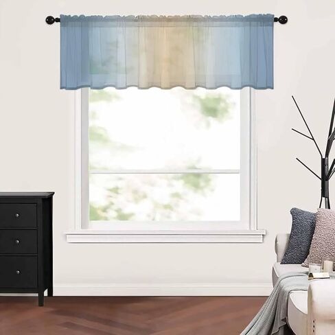 Blue Ombre Sheer Valance, 60"x18" Light Filtering Kitchen Curtain Valances, Khaki Gradient Chiffon Rod Pocket Living Room/Bedroom/Cafe Curtains Modern Abstract Art in Kuwait
