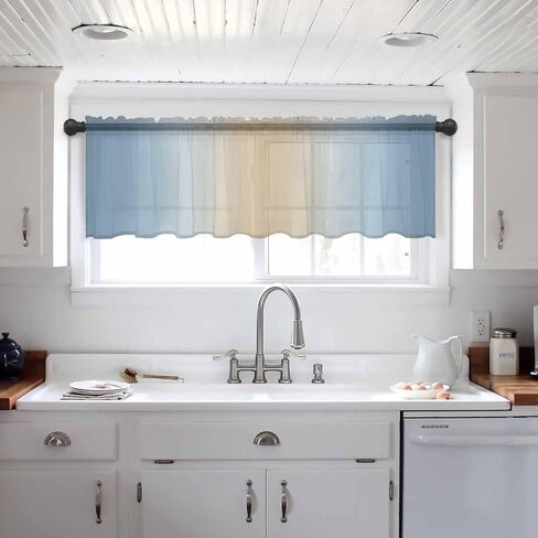 Blue Ombre Sheer Valance, 60"x18" Light Filtering Kitchen Curtain Valances, Khaki Gradient Chiffon Rod Pocket Living Room/Bedroom/Cafe Curtains Modern Abstract Art in Kuwait