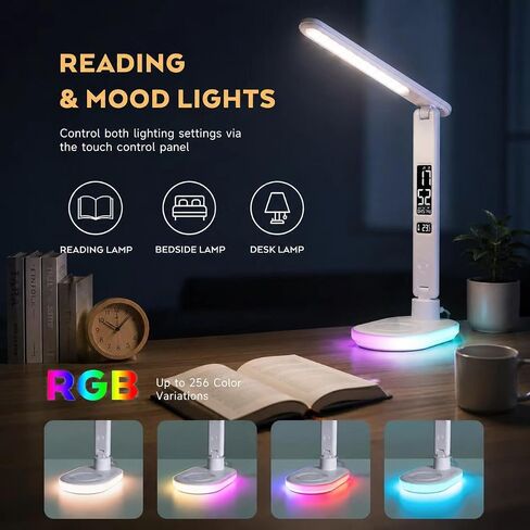 مصباح مكتب LED مع شحن لاسلكي 10 وات QI، مصباح طاولة فليكسو مع 3 ألوان و5 مستويات سطوع مع وظيفة الشحن، USB، الساعة، درجة الحرارة، LCD، التاريخ، التحكم باللمس. (أبيض) in Kuwait