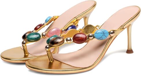 Jewelled Thong Heeled Sandals for Women Slip On Round Open Toe Flip Flop Pumps Mules Summer Strappy High Heels Dress Wedding Shoes in Saudi Arabia
