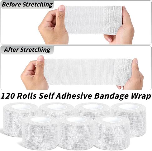 120 Pack White Vet Wrap Cohesive Bandage, 2 Inch x 5 Yards Self Adhesive Elastic Wrap Bulk, Breathable Bandage Tape for Dogs, Pets, Horses, Sports, Wrist, Ankle & First Aid in Kuwait