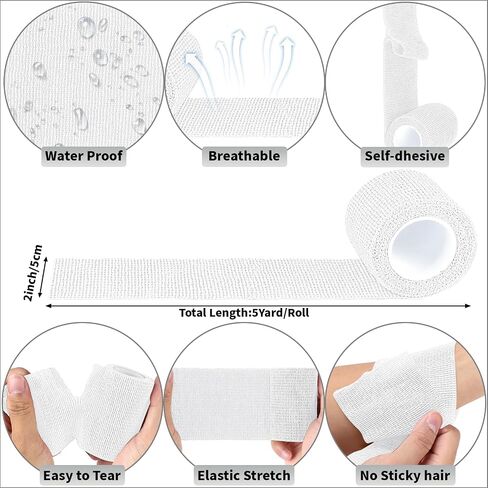 120 Pack White Vet Wrap Cohesive Bandage, 2 Inch x 5 Yards Self Adhesive Elastic Wrap Bulk, Breathable Bandage Tape for Dogs, Pets, Horses, Sports, Wrist, Ankle & First Aid in Kuwait