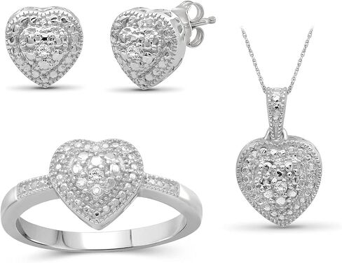 JEWELEXCESS 3-Piece White Diamond Sterling Silver Earrings Set, Sterling Silver Necklace, Sterling Silver Rings – Heart Shaped Jewelry – Jewelry Sets for Women – Birthday Gifts in Saudi Arabia