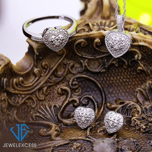 JEWELEXCESS 3-Piece White Diamond Sterling Silver Earrings Set, Sterling Silver Necklace, Sterling Silver Rings – Heart Shaped Jewelry – Jewelry Sets for Women – Birthday Gifts in Saudi Arabia