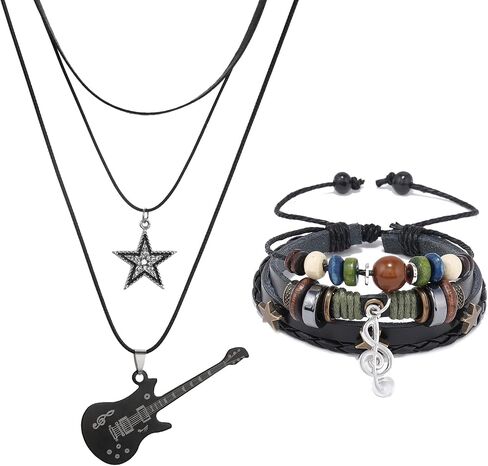 Multilayer Y2k Star Vintage Necklace Fairy Grunge Bracelets Set,Gothic Rock Roll Music Guitar Star Necklace,Bohemian Handmade Beaded Musical Note Leather Wristbands,Grunge Accessories for Men Women in Kuwait