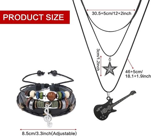 Multilayer Y2k Star Vintage Necklace Fairy Grunge Bracelets Set,Gothic Rock Roll Music Guitar Star Necklace,Bohemian Handmade Beaded Musical Note Leather Wristbands,Grunge Accessories for Men Women in Kuwait