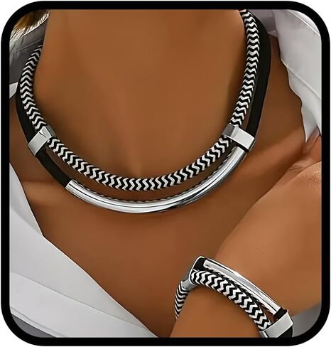 Gold Jewelry Set For Women, Statement Necklace and Bracelet Layered Boho Vintage Chunky Choker Braided Rope Cotton Gold Silver Tone Modern Fashion Holiday Jewelry Gift in Saudi Arabia