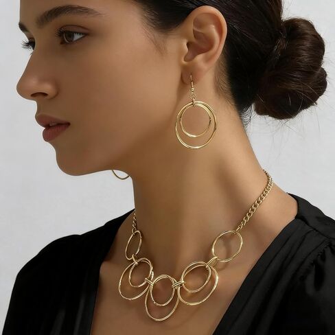 Women's Gold Interlocking Circle Necklace & Hoop Earrings Set | Modern Geometric Statement Jewelry for Women | Adjustable Cuban Chain Choker in Saudi Arabia