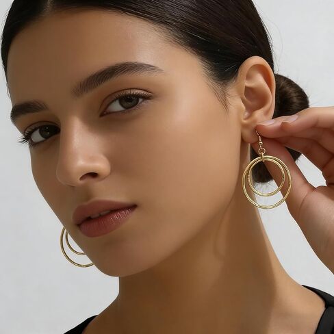 Women's Gold Interlocking Circle Necklace & Hoop Earrings Set | Modern Geometric Statement Jewelry for Women | Adjustable Cuban Chain Choker in Saudi Arabia