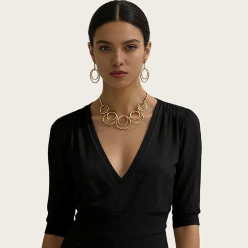 Women's Gold Interlocking Circle Necklace & Hoop Earrings Set | Modern Geometric Statement Jewelry for Women | Adjustable Cuban Chain Choker in Saudi Arabia