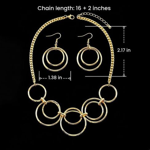 Women's Gold Interlocking Circle Necklace & Hoop Earrings Set | Modern Geometric Statement Jewelry for Women | Adjustable Cuban Chain Choker in Saudi Arabia