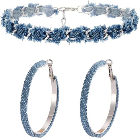 WCRAZYE Bohemia Denim Earrings Necklace Set for Women Punk Blue Jean Denim Chain Choker Necklace Simple Circle Round Denim Leather Statement Earrings in Kuwait