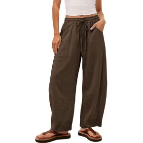 SMIDOW Linen Barrel Pants Women Casual Baggy Wide Leg Drawstring Palazzo Pants Summer Beach Travel Vacation Boho Trousers in Saudi Arabia
