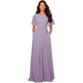 Flutter Sleeve Chiffon Bridesmaid Dresses with Pockets Sash Long A Line Formal Evening Gown in Kuwait