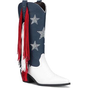 Rhinestone Cowboy Boots for Women With Fringe - 4th of July Patriotic Outfit for Women American Flag Palette with Mid-Calf Pointed Toe Chunky Heel in Saudi Arabia