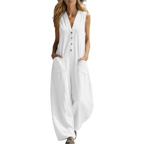 Womens Linen Jumpsuit Sleeveless Casual Wide Legs Rompers Baggy Button Down V Neck Summer Overalls with Pockets in Saudi Arabia