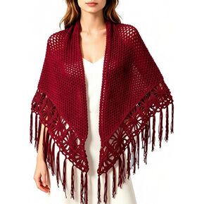 55x25in Handmade Burgundy Fringed Shawl – Fully Hand-Crocheted, Suitable for Both Casual & Formal Occasions, an Ideal Gift Choice in Saudi Arabia