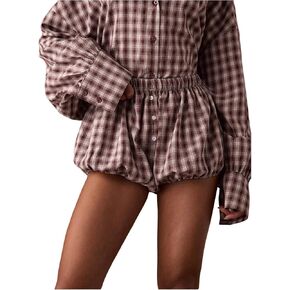 MakeMeChic Women's Plaid Bubble Shorts Blommer Low Waist Puffy Cute Balloon Shorts Skorts in Kuwait
