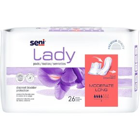 Seni Lady Discrete Bladder Control Pads with Adhesive Strip, 26 Count (1 Pack of 26), Moderate Absorbency Level, Long, 11" Length with Super Absorbent Core and Odor Control in Saudi Arabia