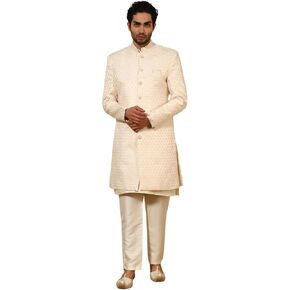 Pro-Ethic Style Developer Jacquard Indo-Western Set with Floral Design Embroidery Long Jacket for Men (C-132) in Saudi Arabia