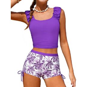 Crazyme Girls Tankini Swimsuit 2 Piece Bathing Suit Twist Cross Back Cutout Printed Swim Shorts Girls Swimwear for 9-16Y in Saudi Arabia