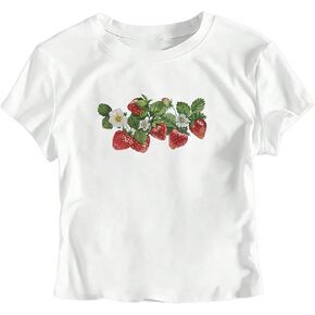 Verdusa Women's Cute Strawberry Shirt Y2k Fruit Graphic Print Crop Tops Short Sleeve Crew Neck Fitted Tee Shirts in Saudi Arabia
