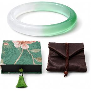 Green and White Natural Jade Bangle Bracelet for Women, Handmade Two-Tone Feng Shui Good Luck Healing Bangle 62-64mm with Elegant Gift Box, Jewelry Gift for Mother Grandmother Christmas Birthday in Saudi Arabia