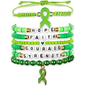 Y1tvei Mental Health Awareness Bracelets - 8Pcs Green Ribbon Faith Hope Clay Bead Bracelet with Reminder Card Gifts, Motivational Stackable Clay Beaded Stretch Friendship Jewelry Accessory for Women in Saudi Arabia