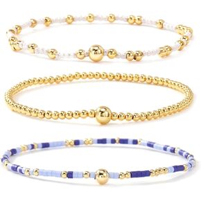 Gold Beaded Bracelet for Women，14K Plated Stackable Beaded Bracelet Set，Handmade Adjustable Waterproof Beaded Jewelry，Fashion Jewelry Set Gifts for Women Birthday Friendship in Saudi Arabia